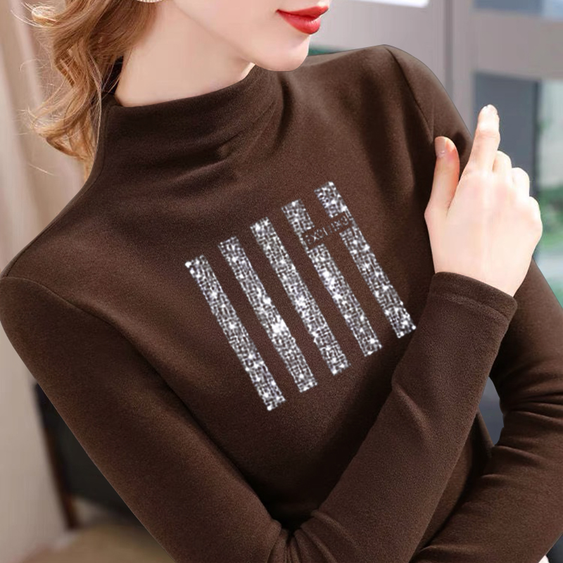 秋冬新款双面德绒加厚保暖上衣半高领长袖镶钻女士修身T恤打底衫