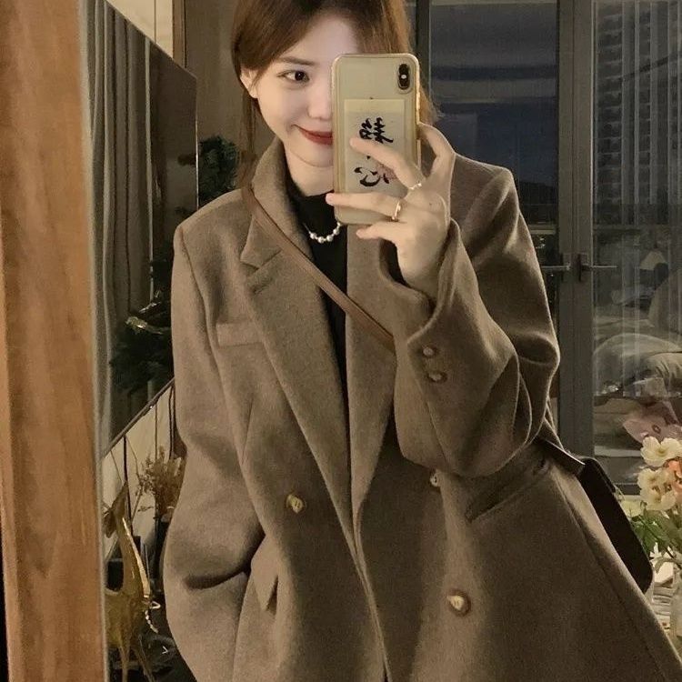 高级2023毛呢西装秋冬季外套复小个子宽松加厚新款呢子大衣美拉德