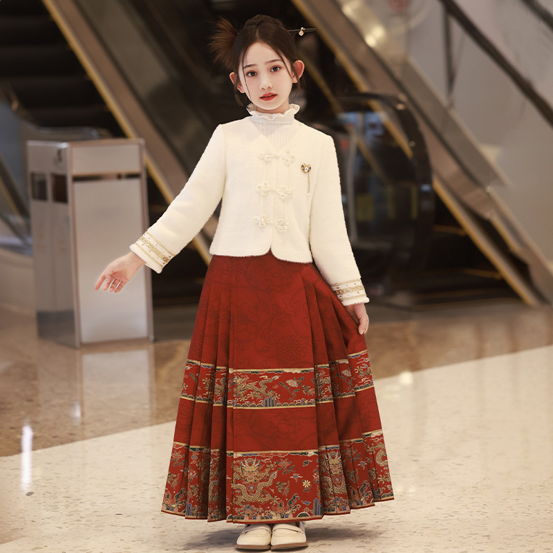 冬季夹棉加厚外套古风唐装儿童冬装马面裙套装女童新中式国风汉服