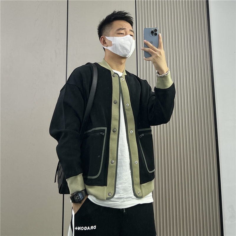立领开衫外套男士潮牌美式拼接撞色冬季款青年痞帅百搭夹克棒球服