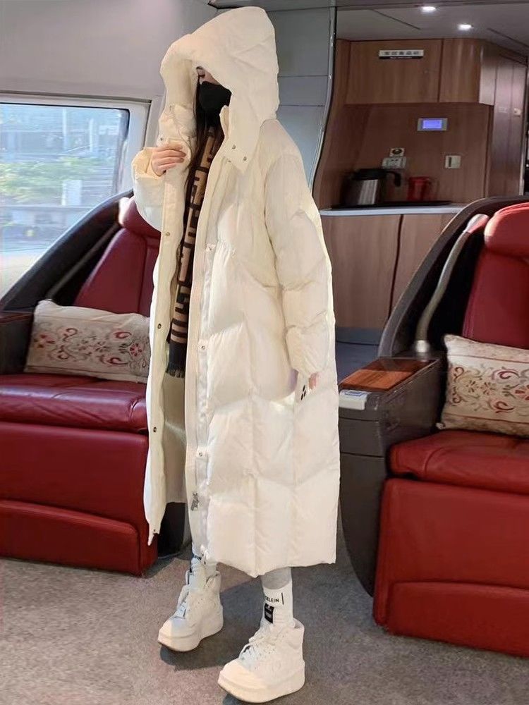 雪中飞羽绒服羽绒服白色过膝长款女2023冬装百搭连帽宽松鹅绒加厚