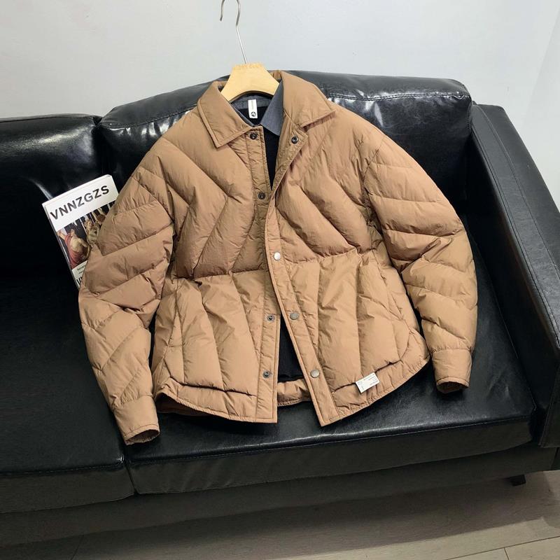 新品冬季翻领羽绒服男士休闲外套白鸭绒菱形格设计潮牌外穿2023年