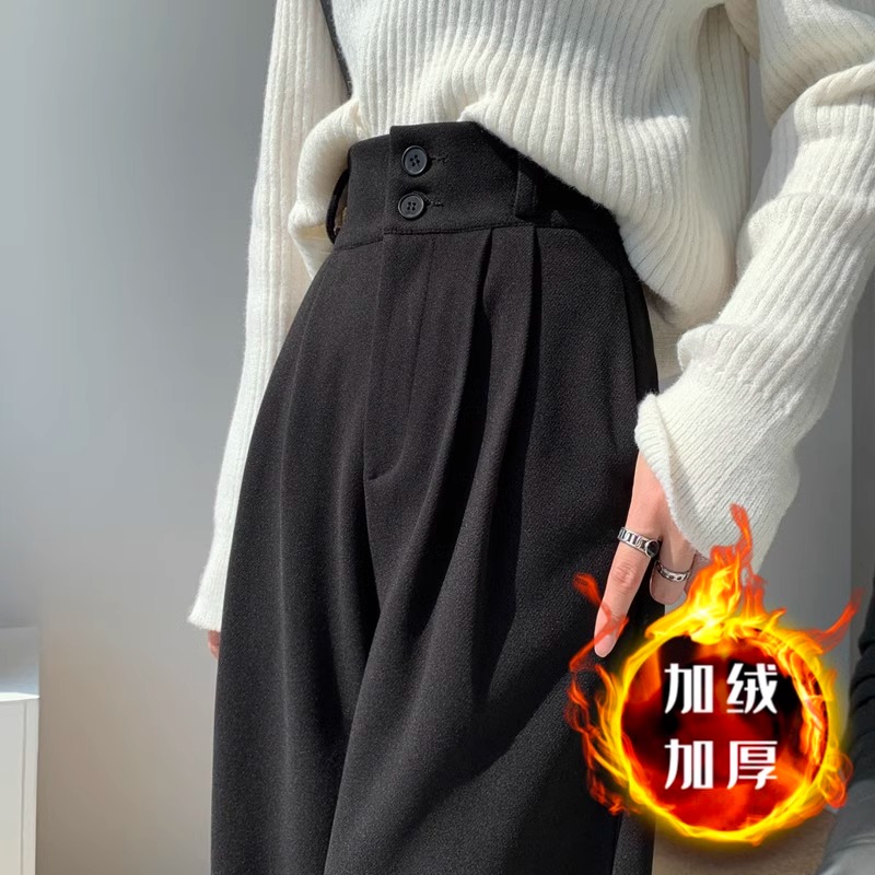 欧瑞桔毛呢加绒裤子女秋冬季高腰垂感加厚显瘦直筒窄版休闲阔腿裤