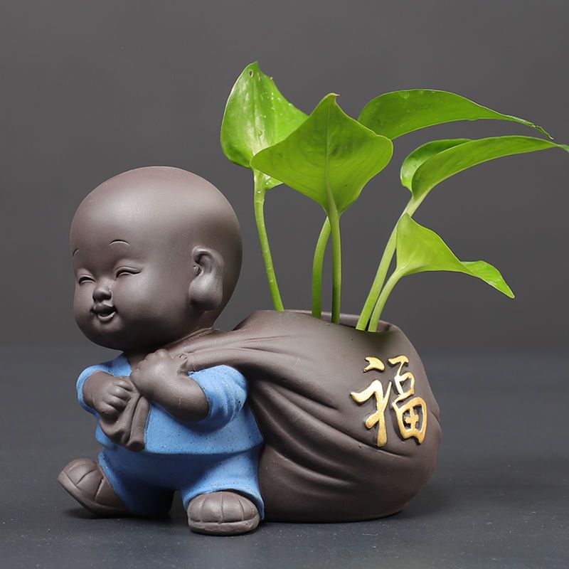 陶瓷小和尚花器水培花瓶摆件招财可爱茶盘茶几  桌水养绿植花器