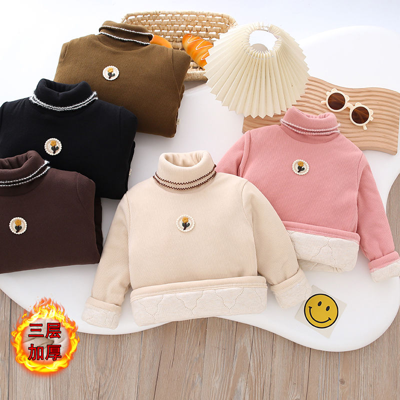 女童高领打底衫2023新款冬装加厚三层夹棉保暖宝宝洋气上衣长袖