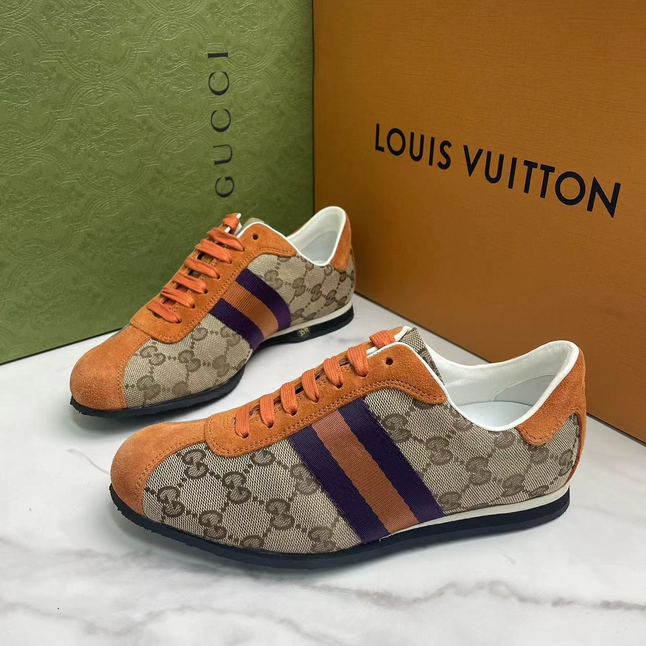 GUCCI/古驰棕色双G满印橙色织带休闲时尚拼接运动鞋/35.5欧/全新