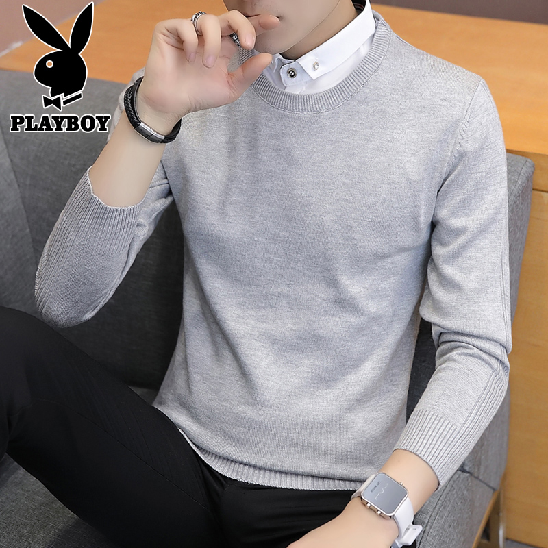 PLAYBOY秋冬衬衫领毛衣男士内搭毛衣2024新款加绒假两件针织衫男