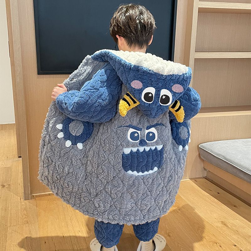 儿童睡衣秋冬季三层夹棉加绒加厚款珊瑚绒法兰绒中大童男童家居服