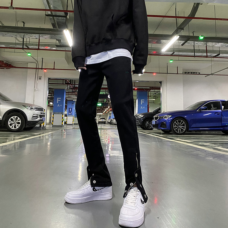 ~高街牛仔裤男士排扣拉链修身小直筒黑色潮流嘻哈复古潮牌休