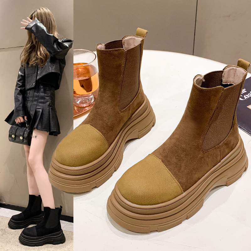 英伦风马丁靴女2023新款秋季厚底内增高大黄靴瘦瘦切尔西短靴春秋