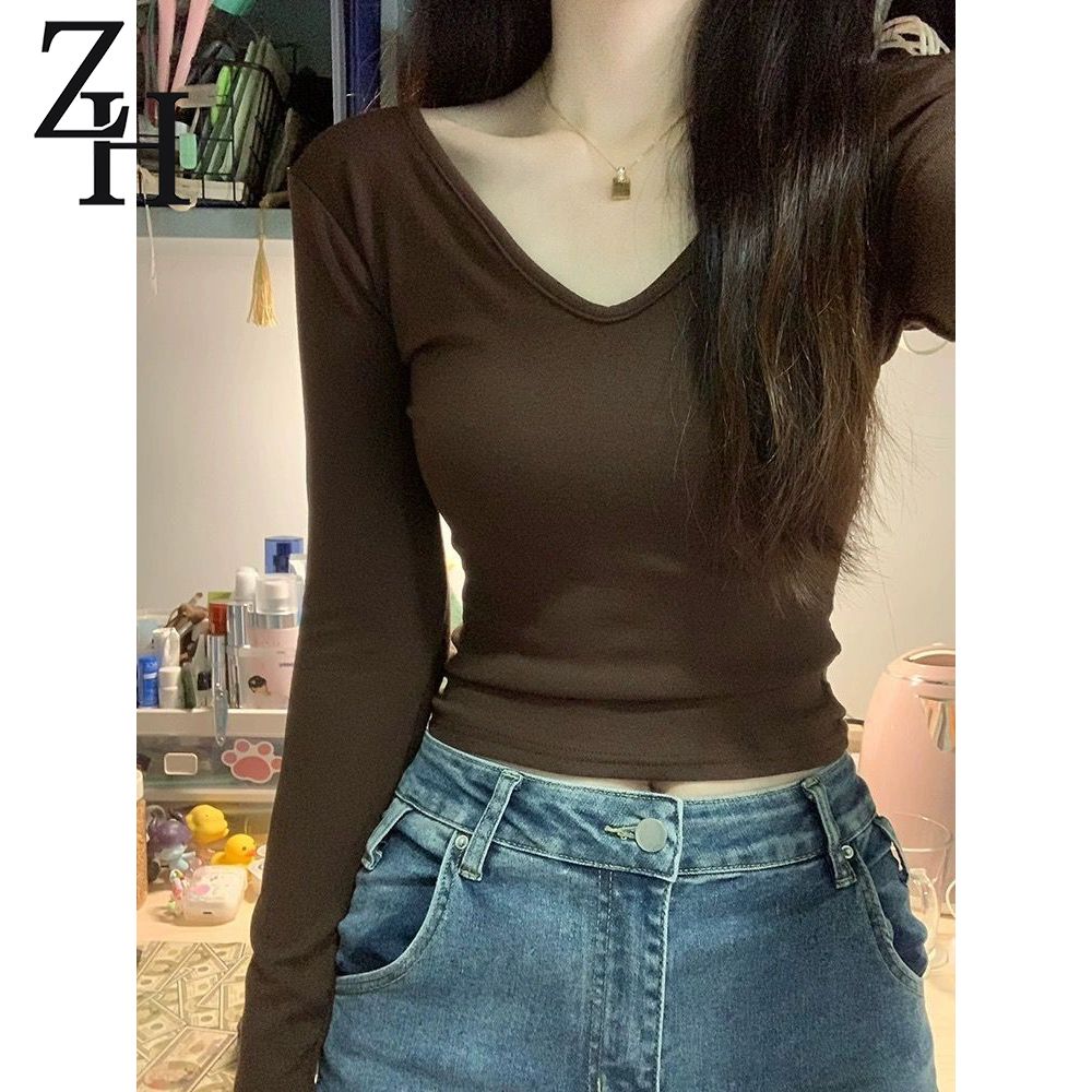ZH德绒V领长袖t恤女秋冬加绒低领短款内搭打底衫修身显瘦辣妹上衣