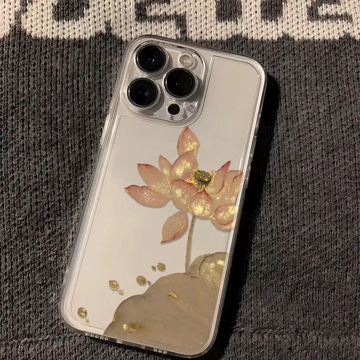金色莲花苹果15手机壳iPhone14ProMax女13/7/8P/12/xr软壳X全包11