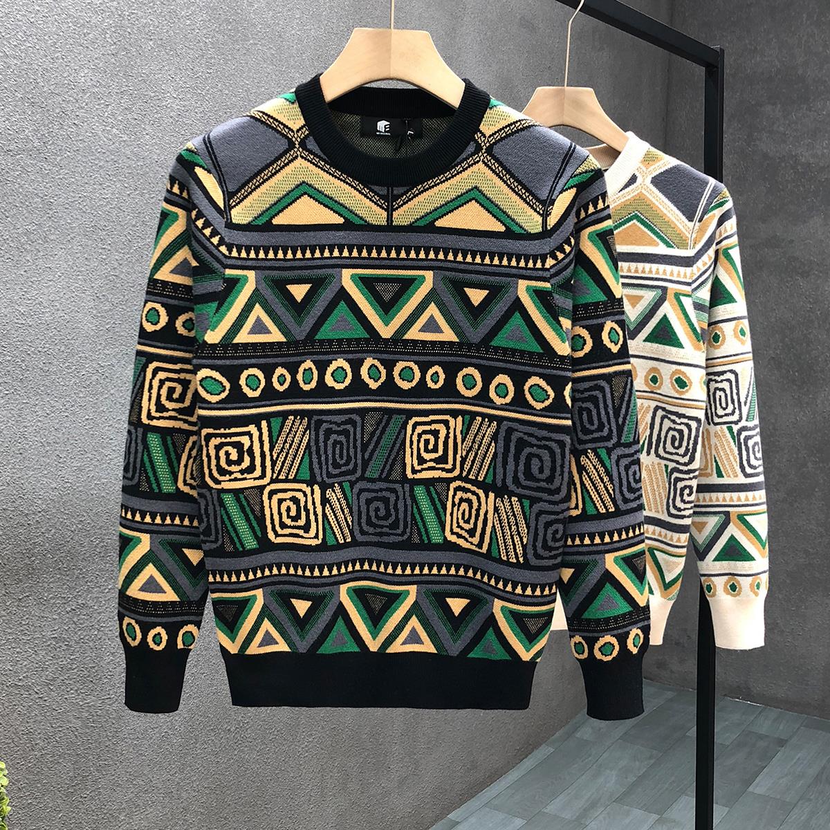 高端时尚复古毛衣男潮牌圆领针织衫2023秋冬季新款男士保暖打底衫