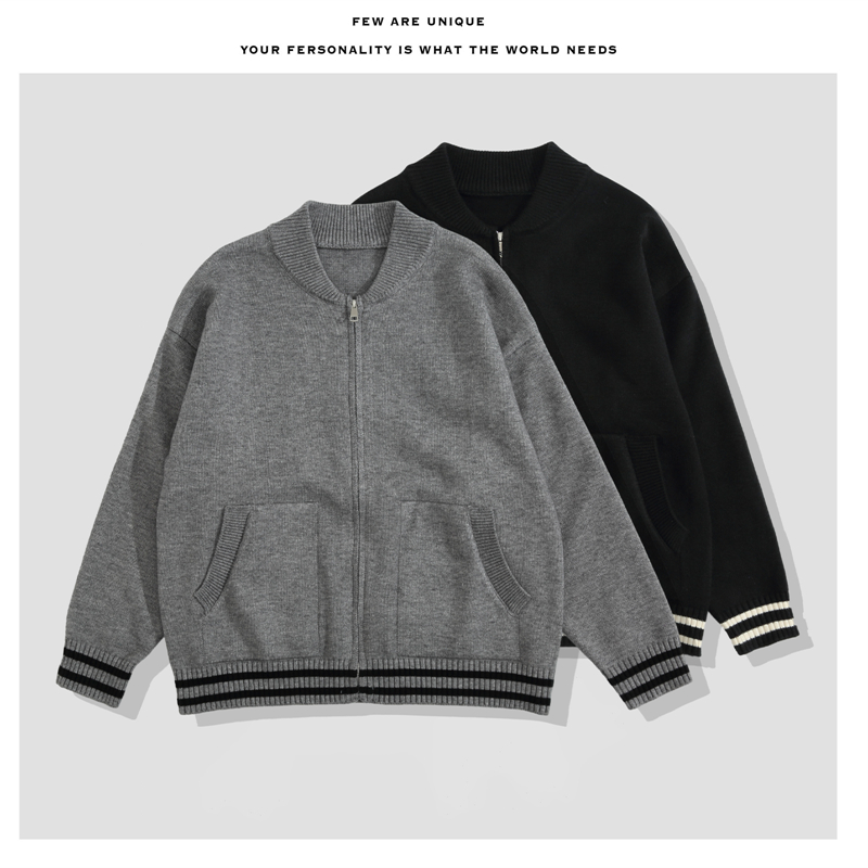 秋冬慵懒风简约棒球领百搭纯色拉链休闲宽松毛衣针织开衫al