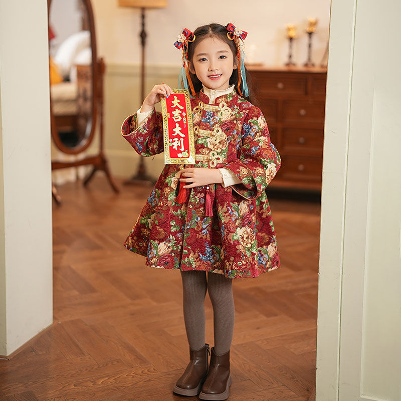 女童国潮拜年服秋冬款2023冬季公主旗袍裙礼服中国风唐装中长款潮