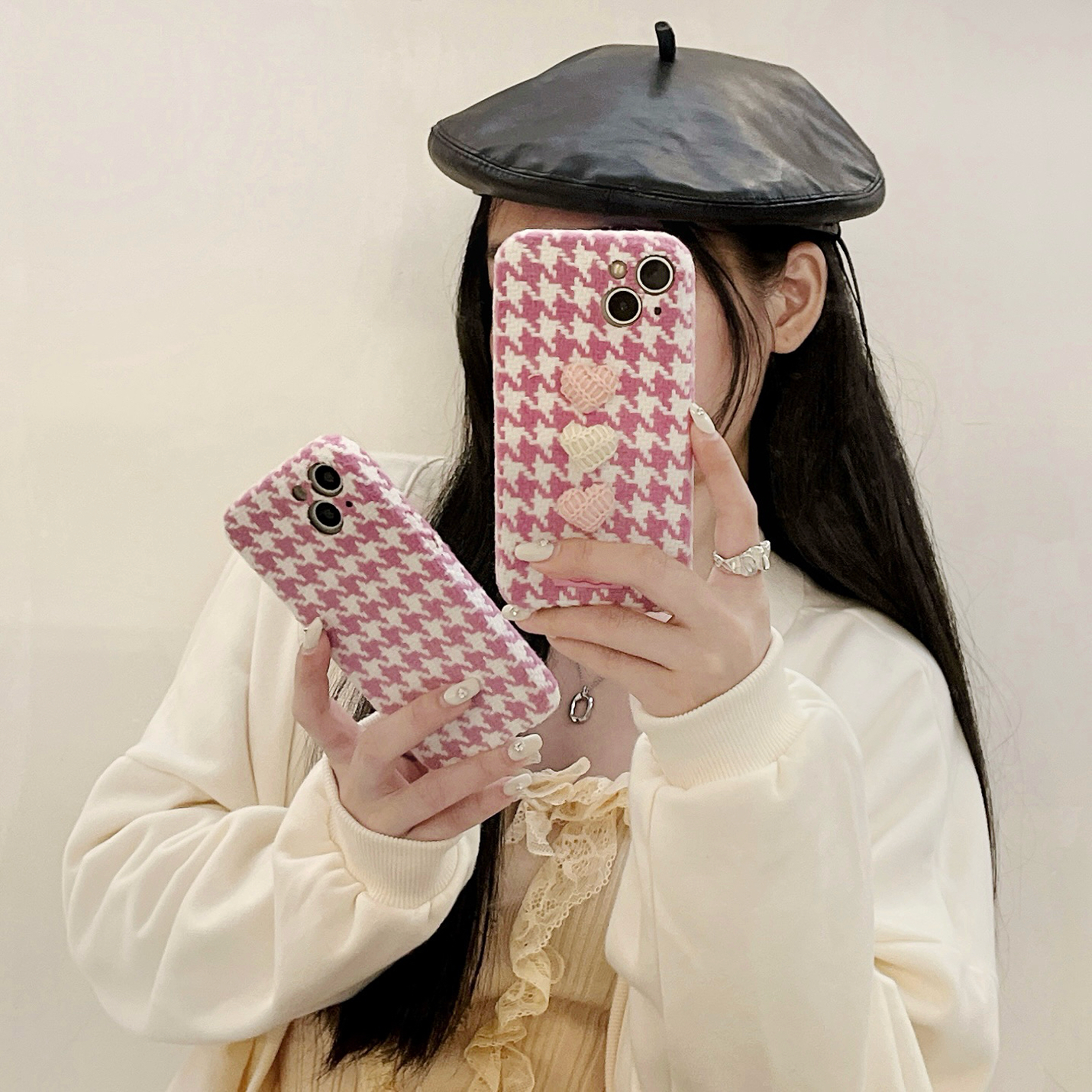 日韩ins秋冬毛绒千鸟格适用苹果15promax手机壳iphone14绒布