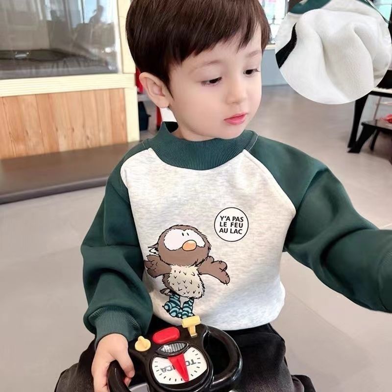 优选儿童加绒卫衣2023秋冬款韩版帅气撞色卡通一体绒上衣男童打底