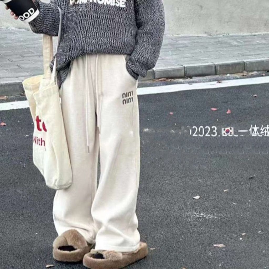 女童条绒裤自带垂感加绒直筒裤2023冬季保暖厚裤子洋气阔腿裤拖地