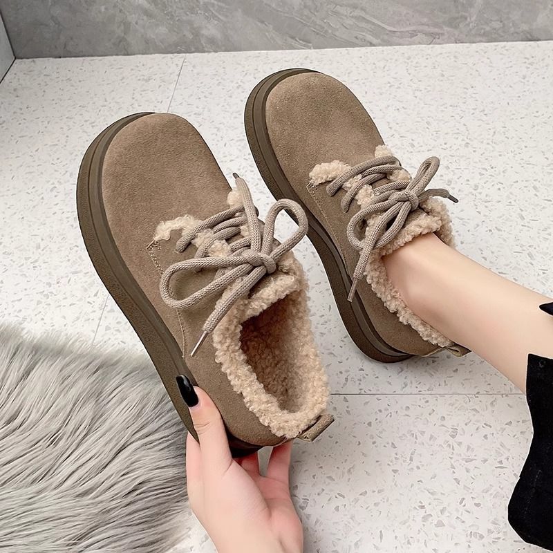 勃肯鞋女加绒女鞋2023新款冬季保暖休闲雪地靴棉鞋厚底系带毛毛鞋