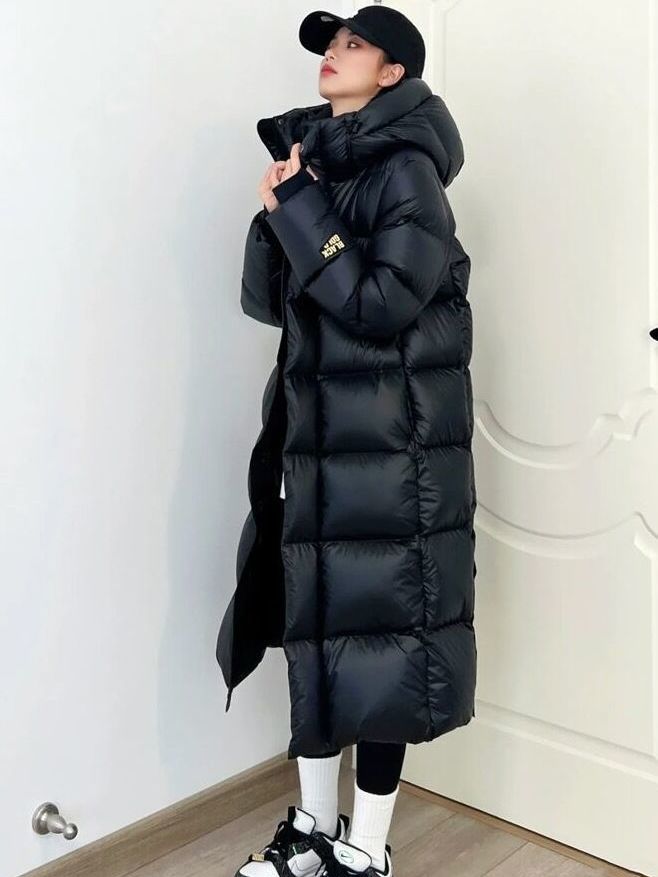 雅鹿羽绒服黑金黑色亮面羽绒服女长款加厚过膝男女情侣款白鸭绒免