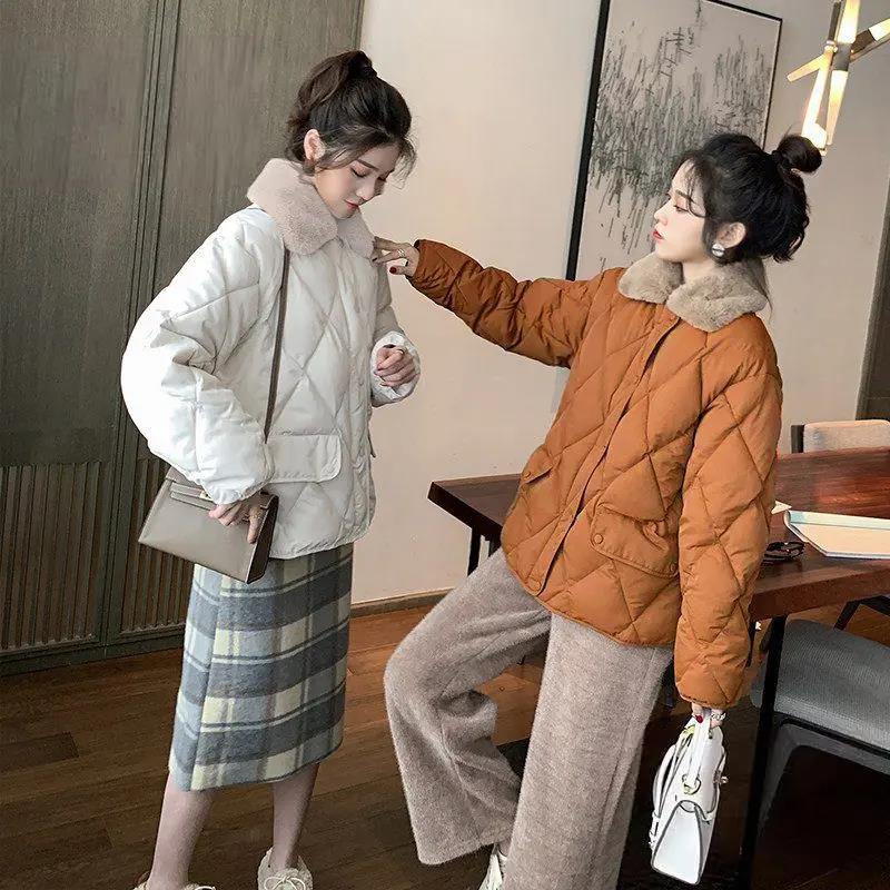 波司澄羽绒服宽松菱格面包服2023年秋冬拼接毛领保暖加厚棉袄外套