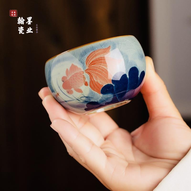 景德镇陶瓷老陶泥开片金玉满堂卧足杯手工手绘主人杯个人专用茶杯