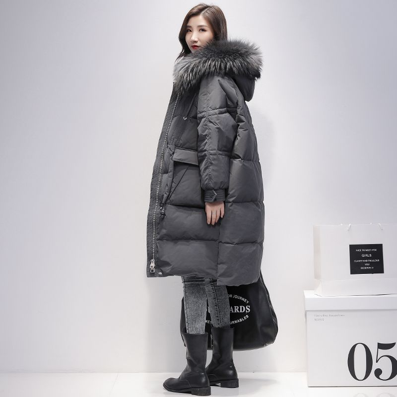 羽绒服2023年冬新款中长款羽绒服女连帽时尚白鸭绒真大毛领