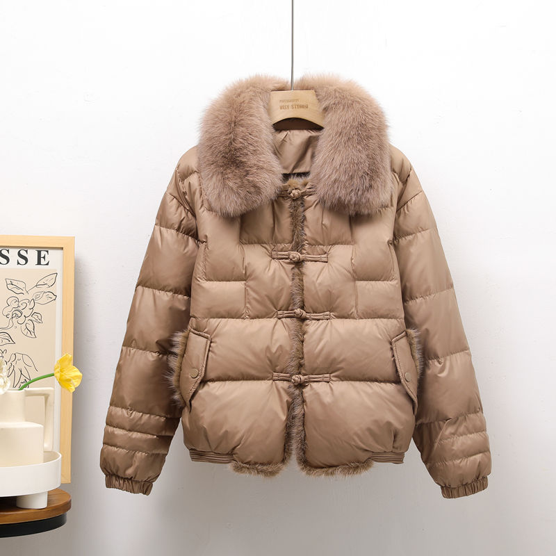 羽绒服2023秋冬新款狐狸毛领羽绒服女士短款拼接盘扣小个子
