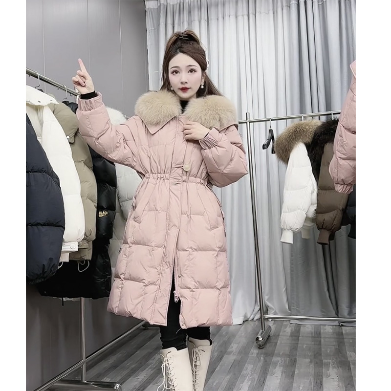 羽绒服2023新款收腰中长款大毛领羽绒服女显瘦百搭白鸭绒冬