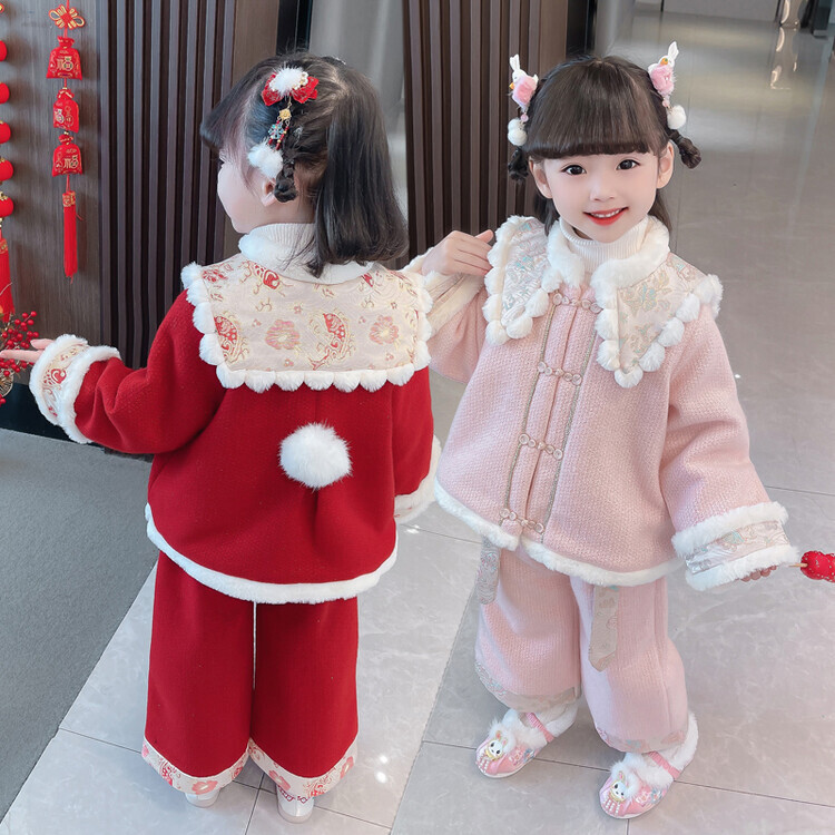 女童加绒国风过年套装拜年服冬季宝宝汉服两件套女孩喜庆女宝洋气