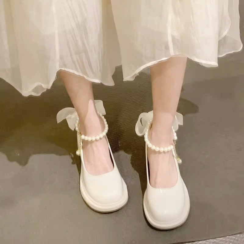 百丽纯爱法式少女粗跟玛丽珍单鞋女秋2023年新款珍珠小皮鞋温柔仙