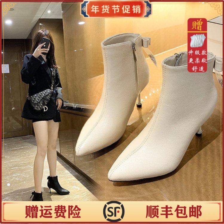 冬季新女鞋短靴女时尚秋冬细跟尖头时装靴气质高跟百搭薄绒女靴子