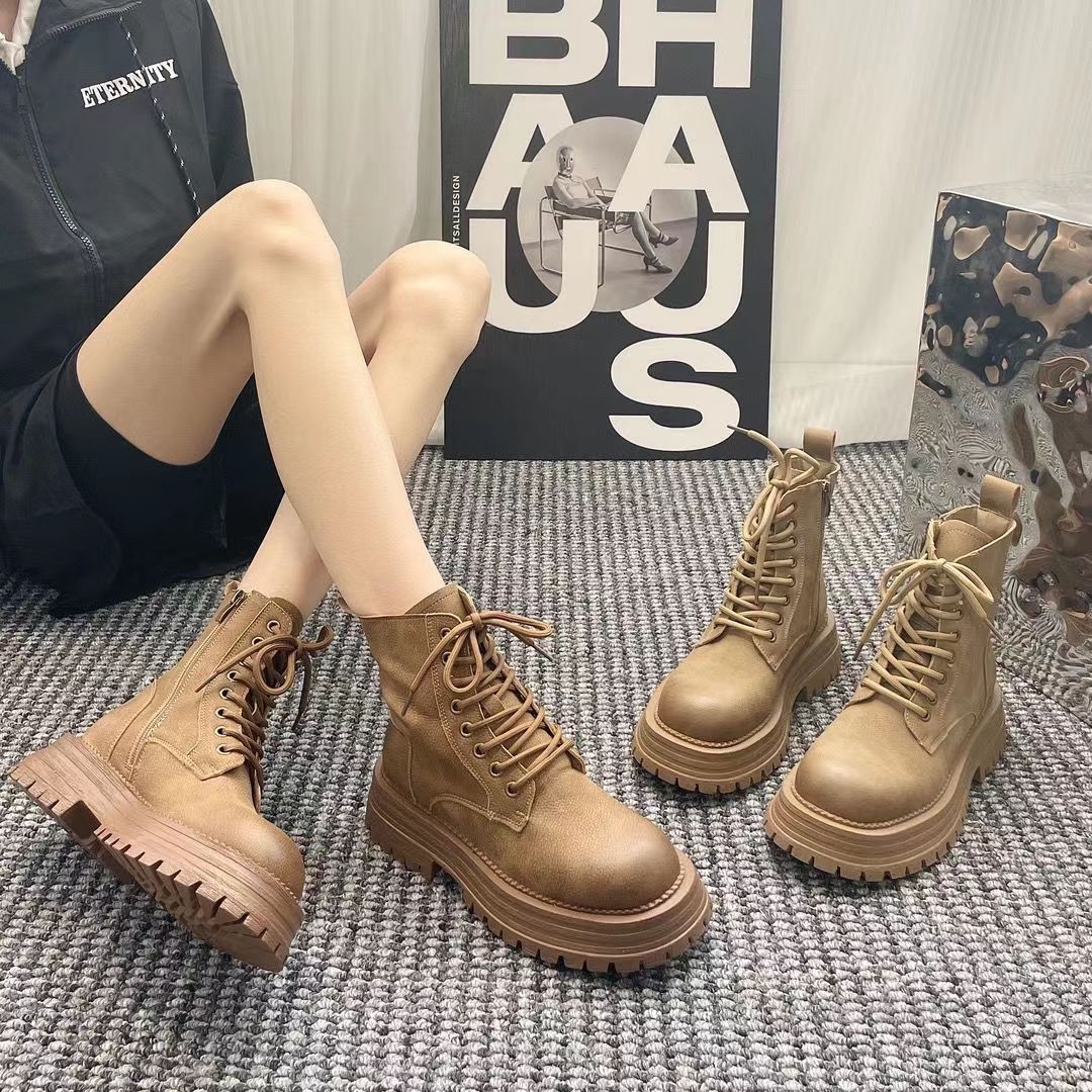 厚底马丁靴女2023秋冬新款软皮短筒系带英伦风休闲百搭软底短靴子