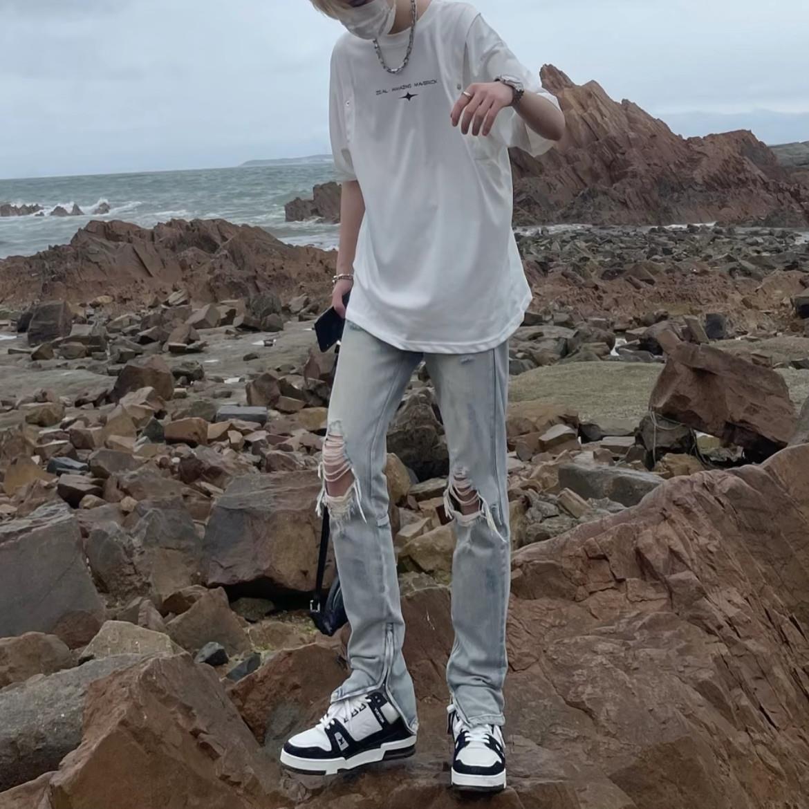 高街美式水洗浅色破洞牛仔裤男女vibe潮牌修身拉链开衩显瘦长裤子