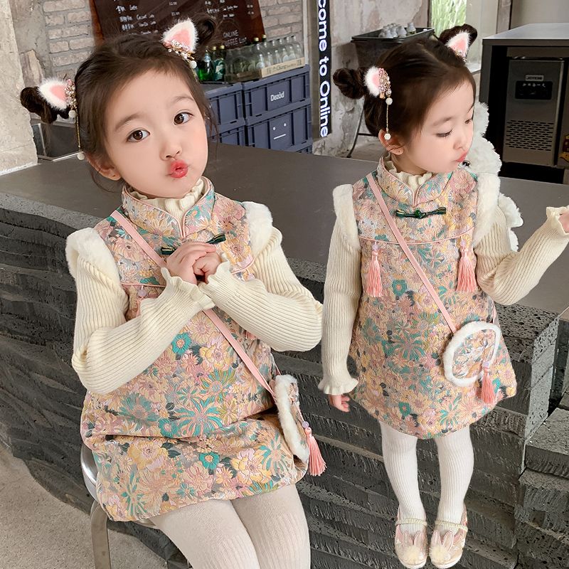 女童旗袍连衣裙洋气时髦儿童中国风公主裙套装一周岁宝宝礼服秋冬