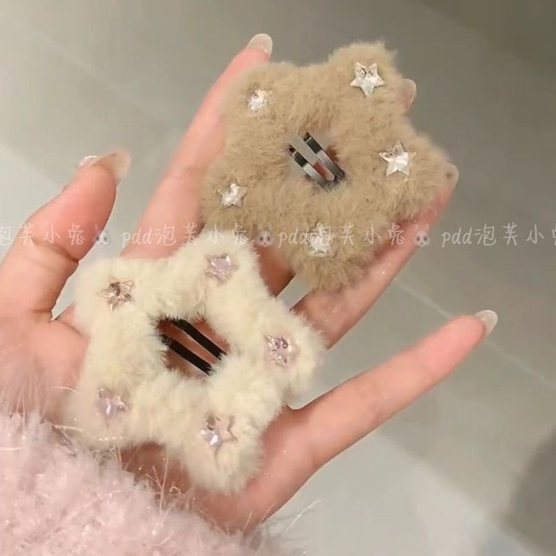 日韩气质风可爱毛绒粉钻五角星边夹刘海夹韩系侧边发卡子发饰秋冬
