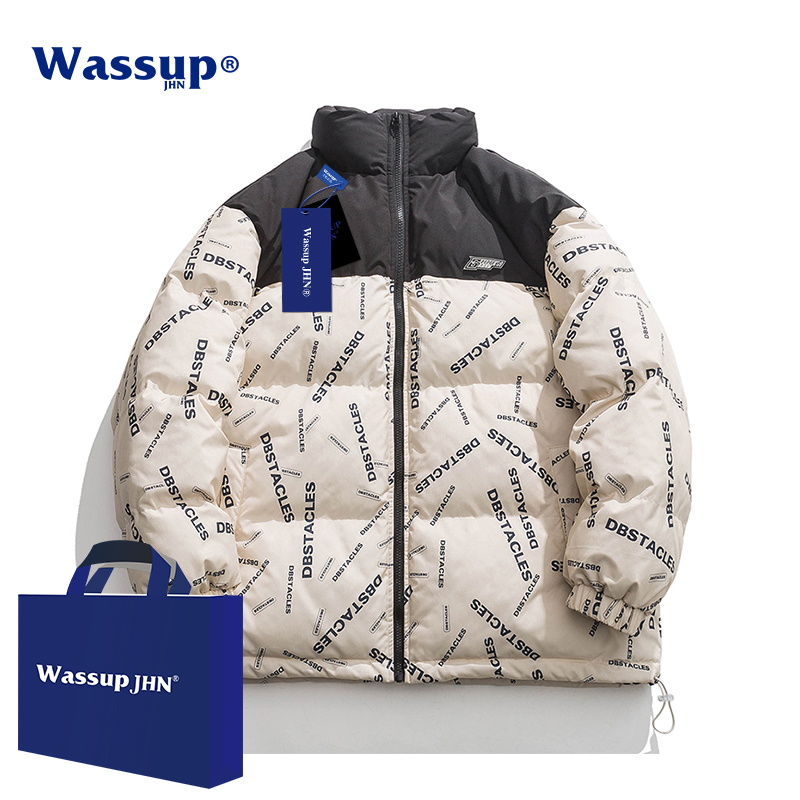 WASSUPJHN冬季新款棉衣男士保暖潮牌新款字母拼接外套棉袄棉服男