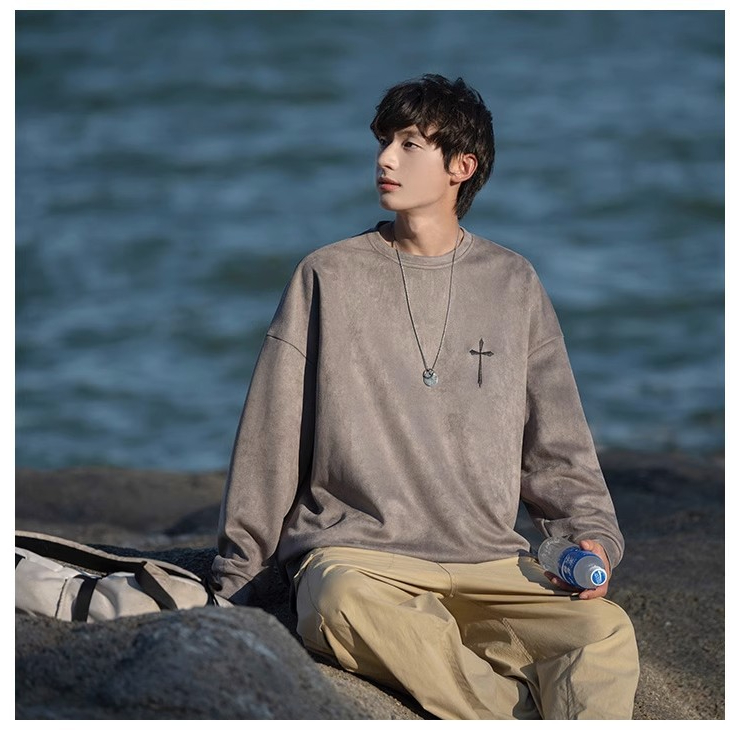 高街百搭麂皮绒卫衣春秋季新款美式高级感潮流休闲宽松套头上衣男