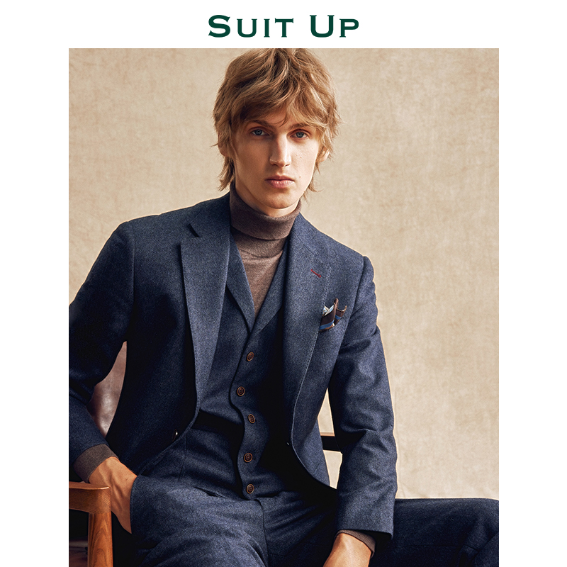 西服男套装英伦风秋冬款人字纹商务休闲正装新郎结婚礼服西装