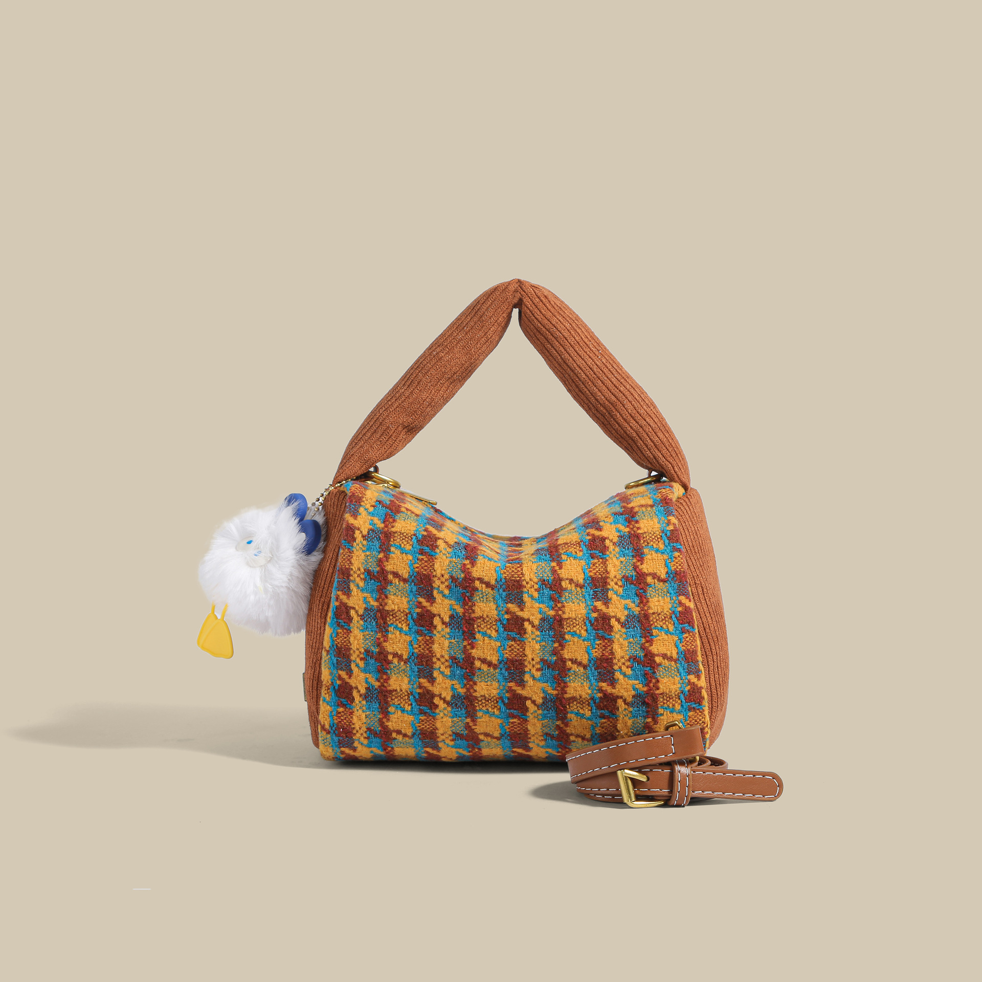 韩系春夏包包女2023新款可爱小众河豚包撞色千鸟格纹手提包斜挎包