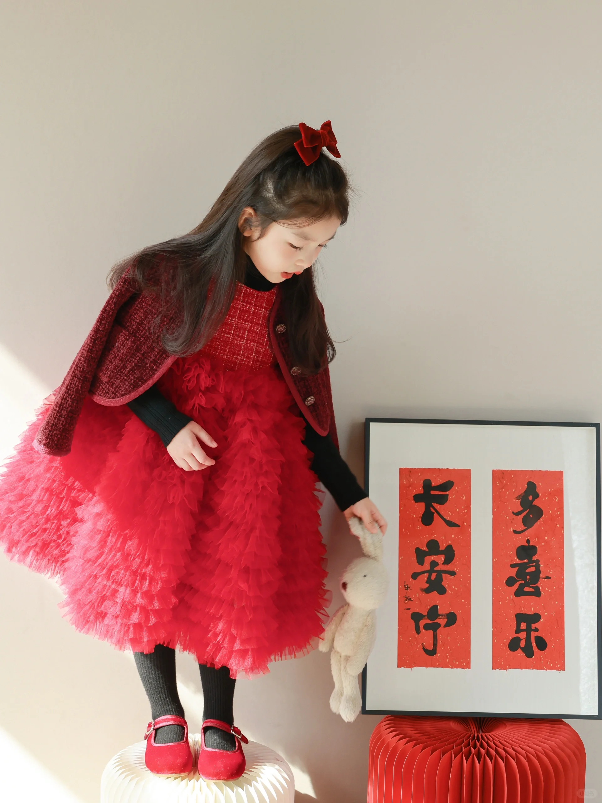 龙豆豆童装女童2023冬季网纱连衣裙洋气新年圣诞节公主裙蛋糕裙子