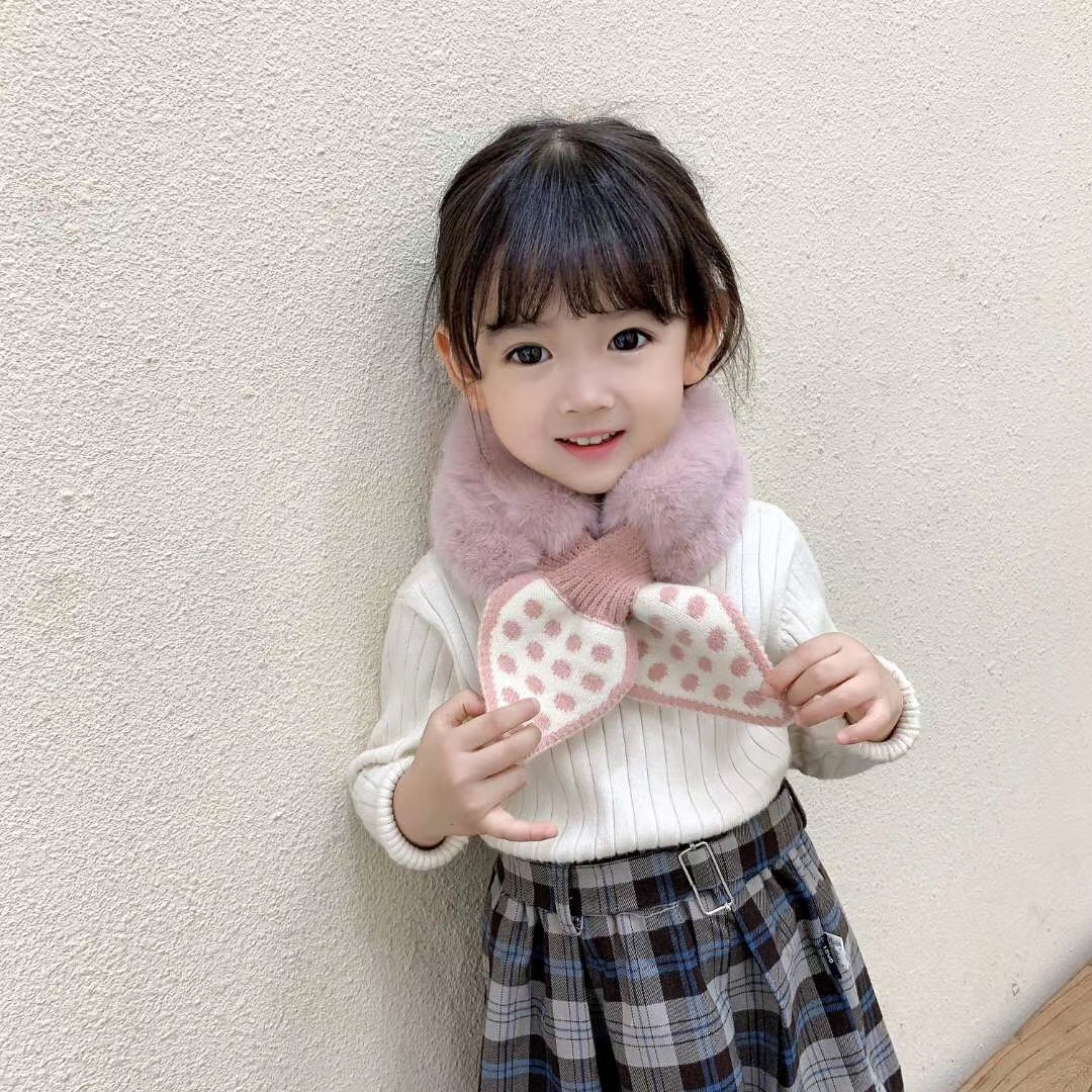 新款儿童毛绒围巾韩版潮流秋冬季男女宝宝拼接圆点毛绒围巾小领巾