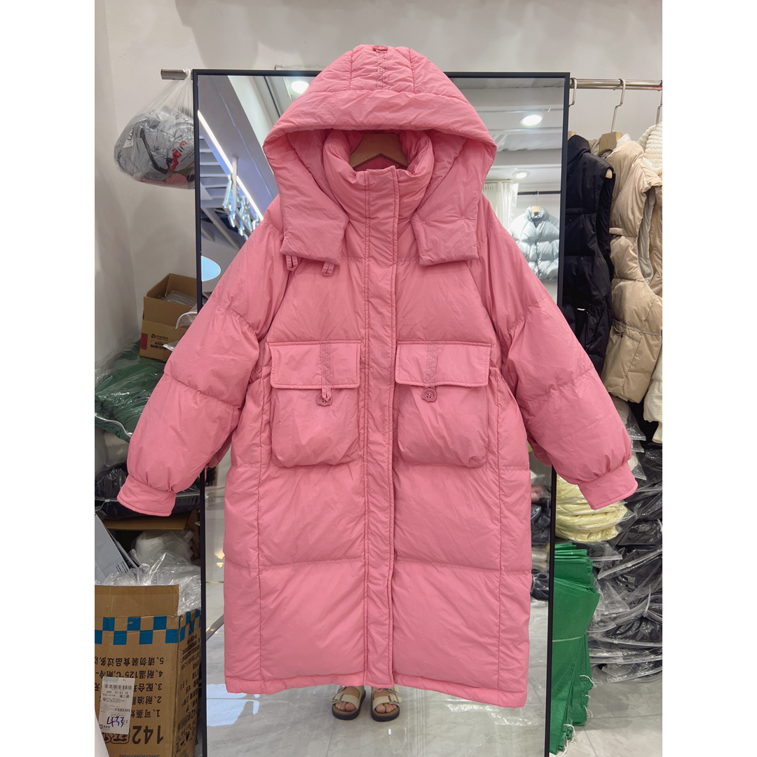 清廷心2023年韩版反季新款羽绒服女中长款连帽白鸭绒过膝加厚宽服