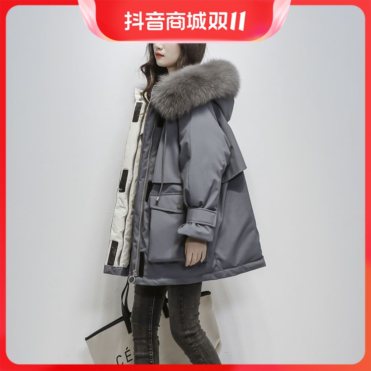 时尚登派克服女中长款韩版2023羽绒棉服女宽松加厚大毛领棉衣服