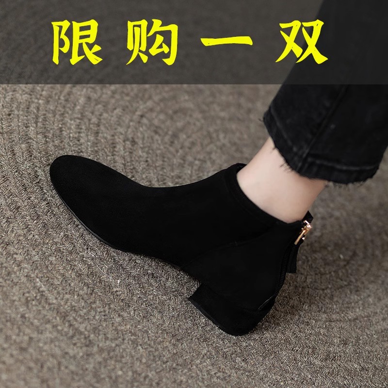 百丽纯爱磨砂短靴女圆头粗跟加绒翻毛皮2023新款真皮低跟后拉链