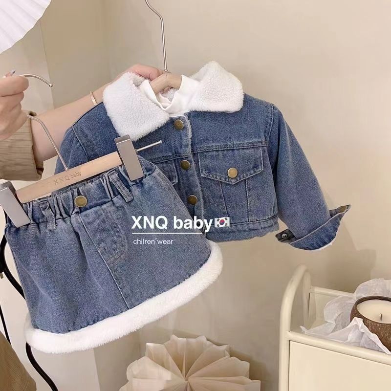 女童秋冬装牛仔套装裙2023新款洋气儿童加厚保暖外套半身裙两件套