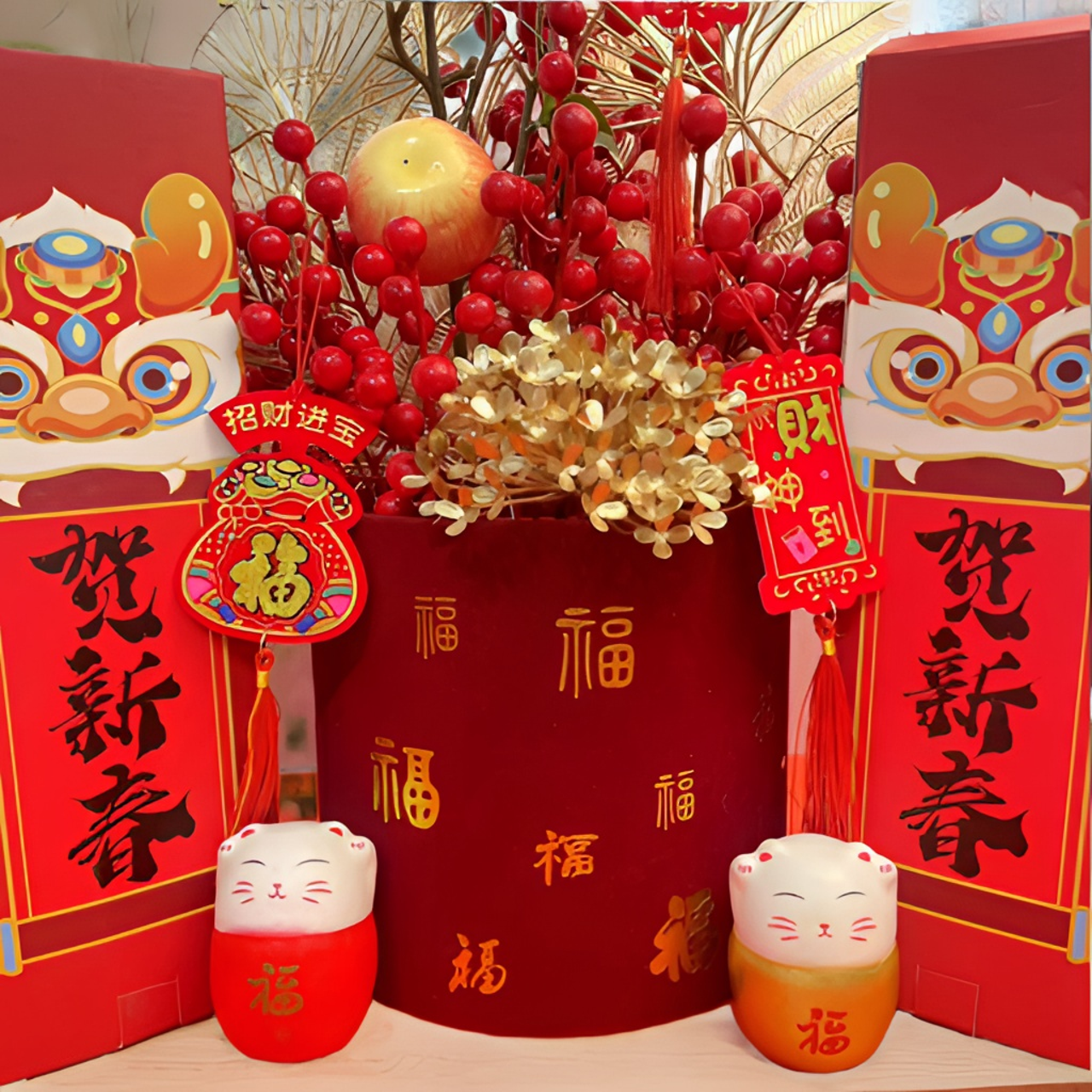 03  全家福字 2024新年石榴发财红果新中式客厅仿真花福桶摆件