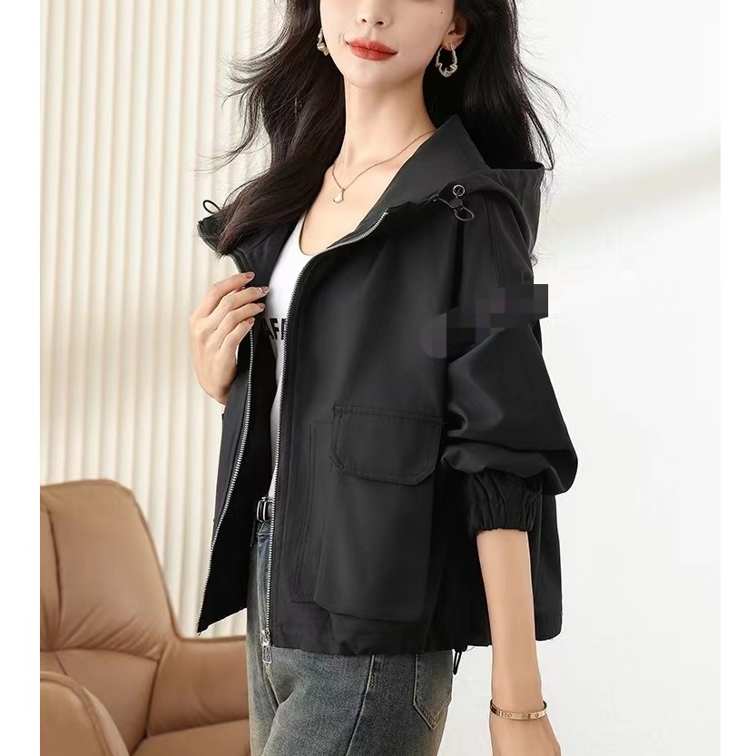 短款休闲外套女春秋新款时尚宽松小个子连帽夹克上衣23815#