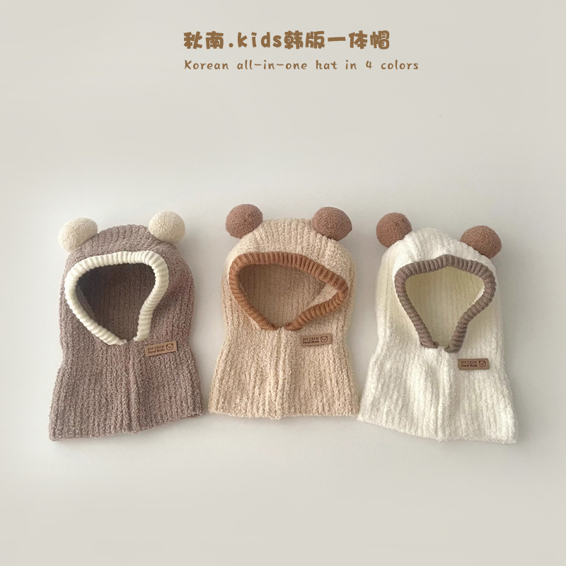 婴幼儿可爱帽子围脖一体套帽秋冬宝宝防风保暖毛线帽男女童套头帽