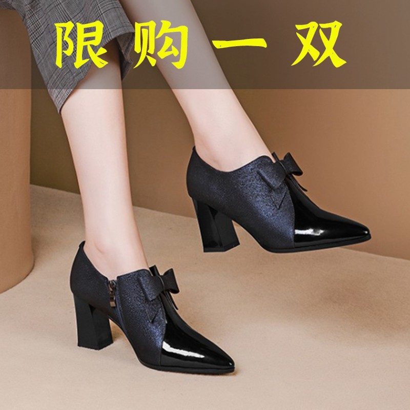 网红冬季女鞋沿荐高跟鞋粗跟尖头单鞋真皮深口侧拉链女士皮鞋百搭